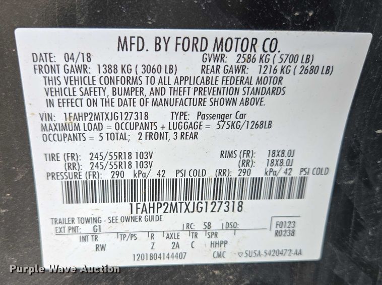 image for item EV5628 2018 Ford Taurus Police Interceptor 