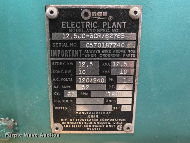 image for item EV5643 Onan 12.5JC-3CR generator