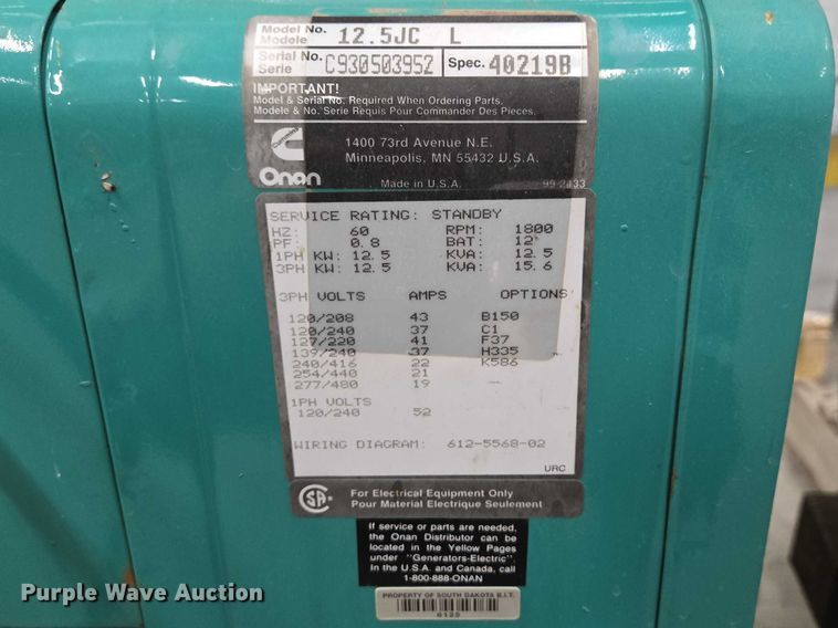 image for item EV5644 Onan 12.5JC generator