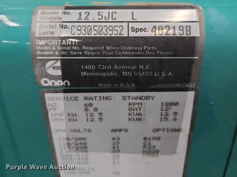 image for item EV5644 Onan 12.5JC generator