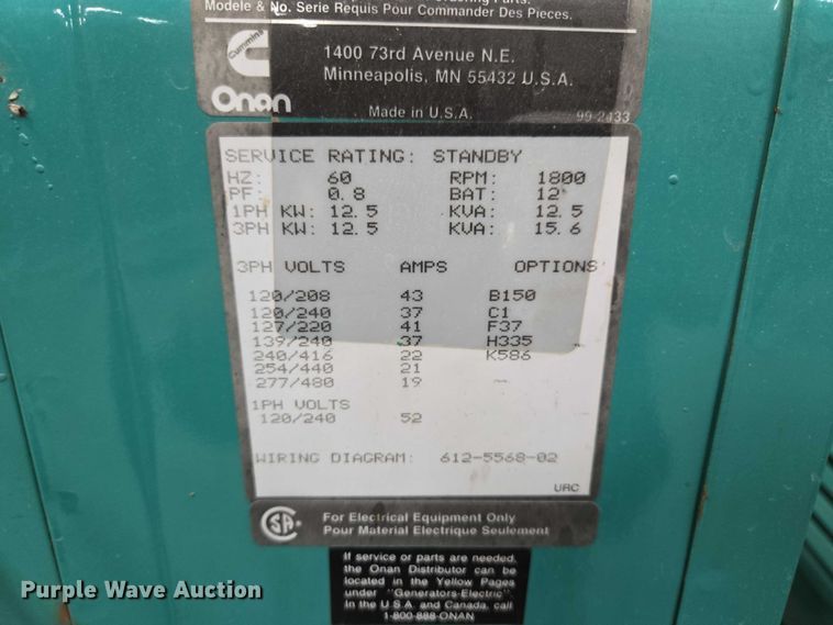 image for item EV5644 Onan 12.5JC generator