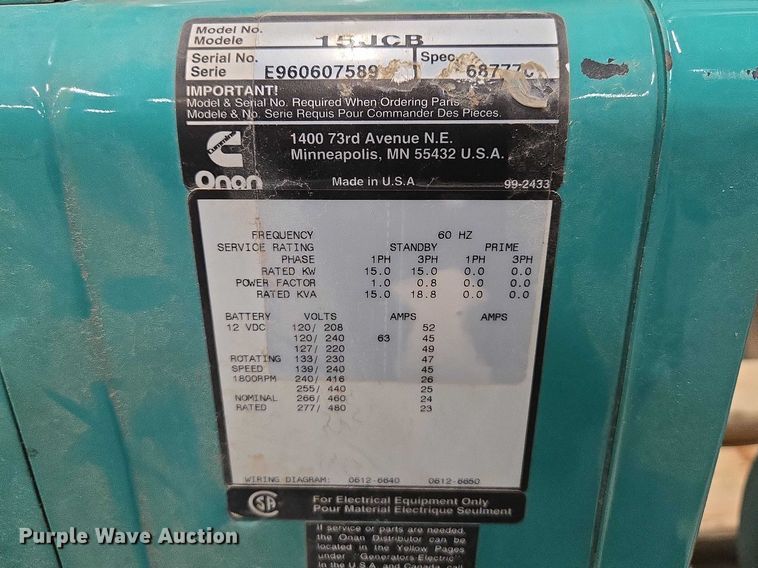 image for item EV5645 Onan 15JCB generator