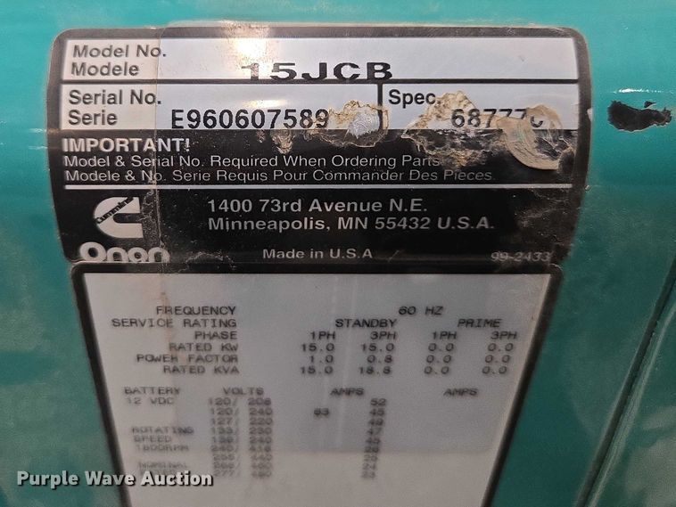 image for item EV5645 Onan 15JCB generator