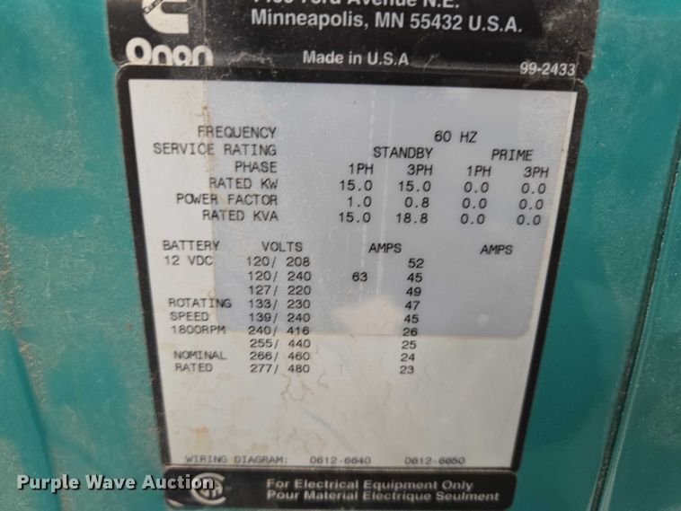 image for item EV5645 Onan 15JCB generator