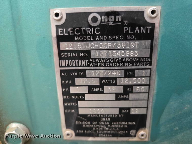 image for item EV5646 Onan 12.5JC-3CR generator
