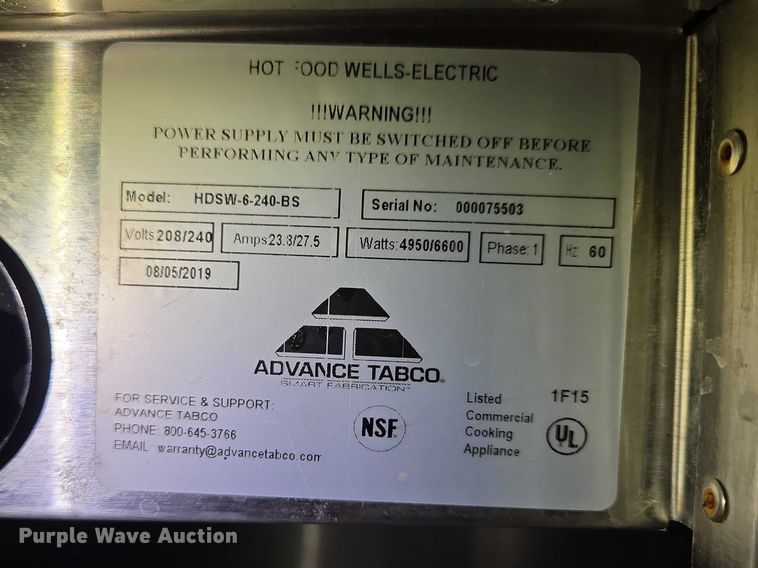 image for item EV5689 Advance Tabco HDSW-6-240-BS hot food table