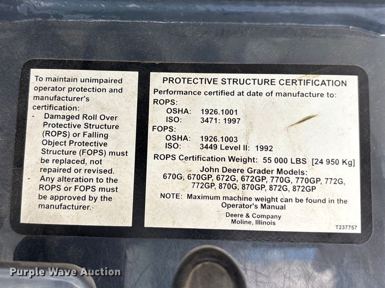 image for item FB3612 2017 John Deere 770G motor grader