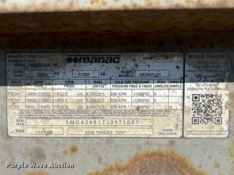 image for item FG2731 2018 Manac 4B346A230 bottom dump trailer