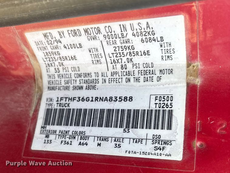 image for item FI0868 1994 Ford F350 XL flatbed pickup truck