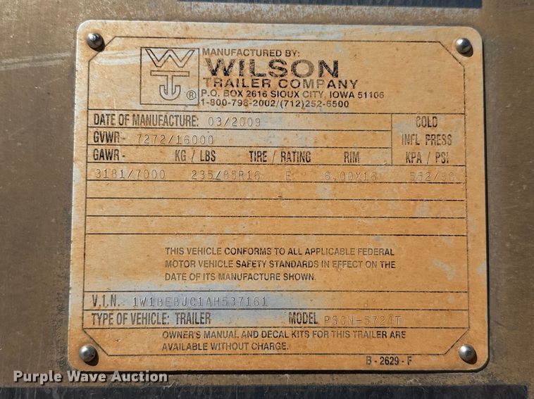image for item ES5985 2009 Wilson PSGN-5724T livestock trailer