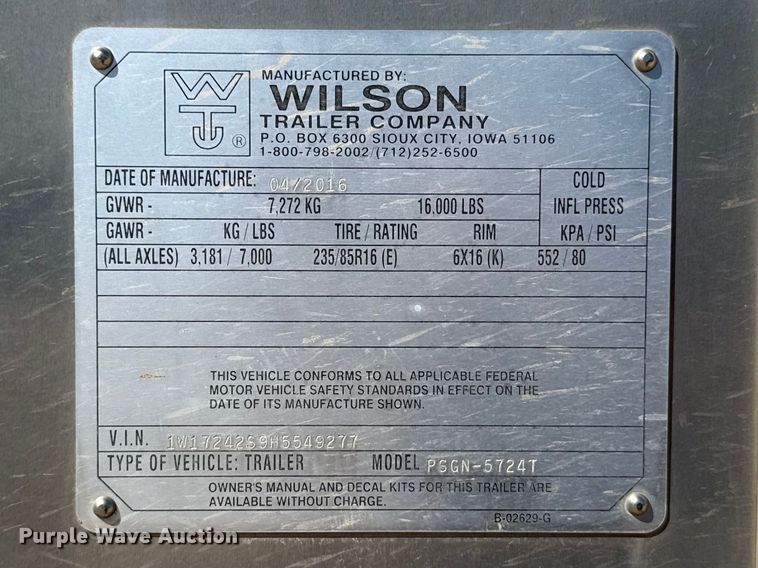 image for item ES5987 2017 Wilson PSGN-5724T livestock trailer
