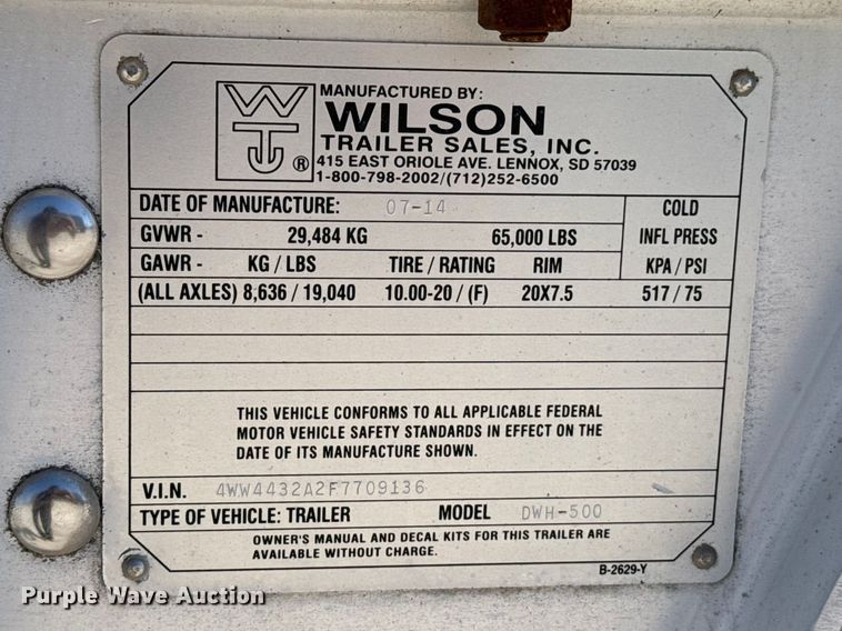 image for item ES5990 2015 Wilson DWH-500 Pace Setter grain trailer