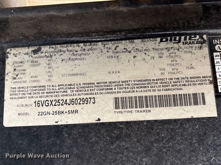 image for item DT2861 2018 Big Tex 22GN-25BK+5MR equipment trailer