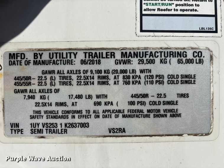 image for item EA4621 2019 Utility VS2RA refrigerated van trailer