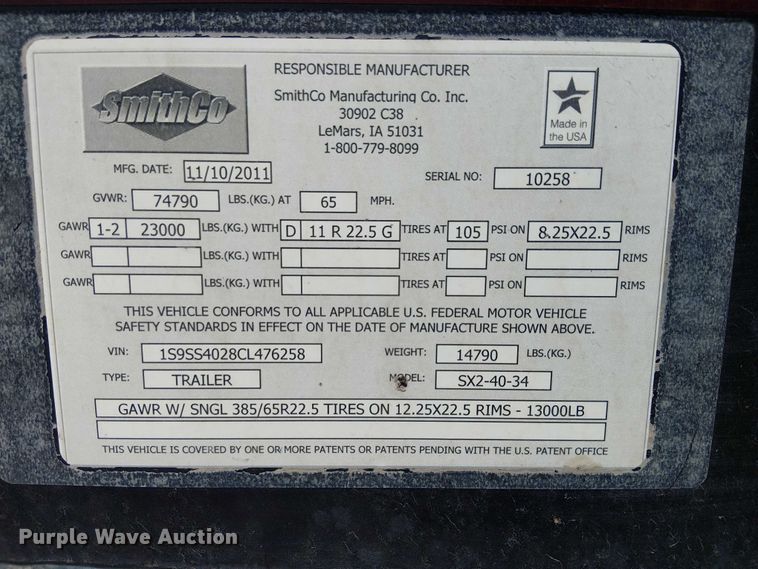 image for item EE5224 2012 SmithCo SX2-40-34 side dump trailer