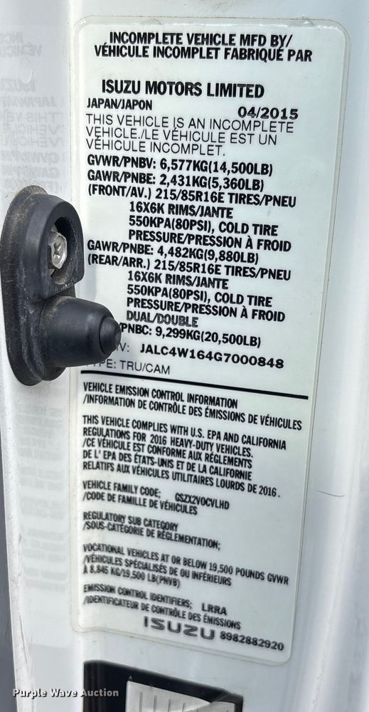 image for item EM5050 2016 Isuzu NPR box truck