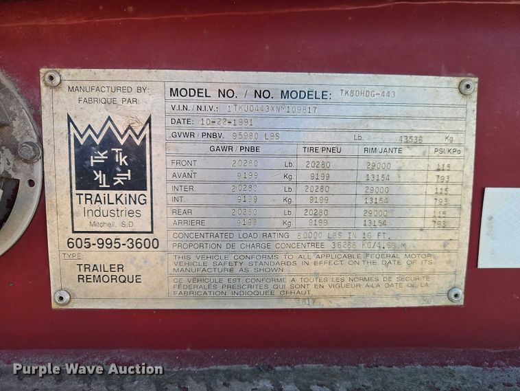 image for item EO7147 1992 Trail King Industries TK80HDG-443 lowboy equipment trailer