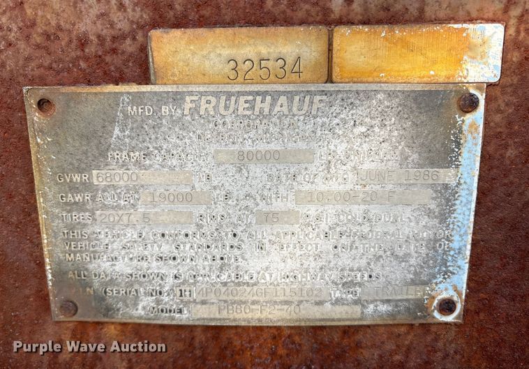 image for item ET8643 1986 Fruehauf PB80-F2-40 flatbed trailer