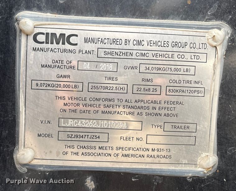 image for item EU8532 2018 CIMC SZJ9347TJZ54 container trailer