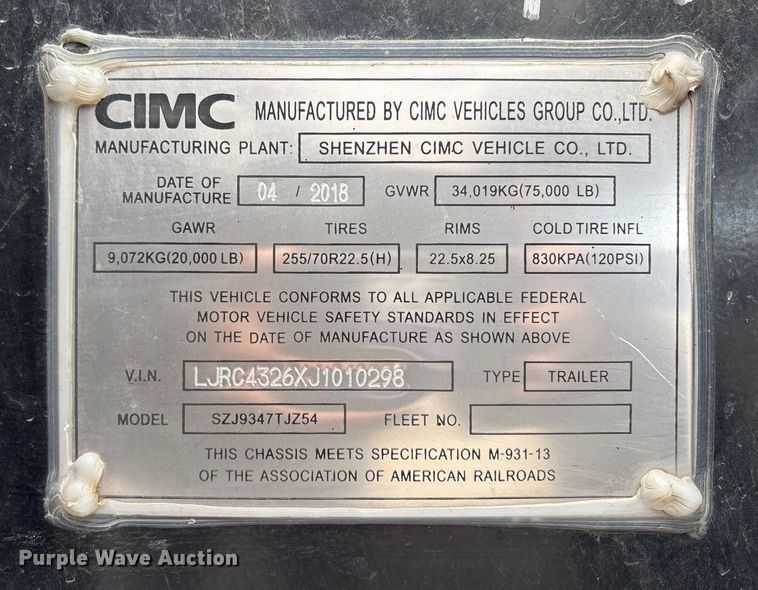 image for item EU8533 2018 CIMC SZJ9347TJZ54 container trailer