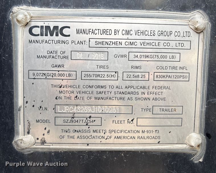 image for item EU8534 2018 CIMC SZJ9347TJZ54 container trailer