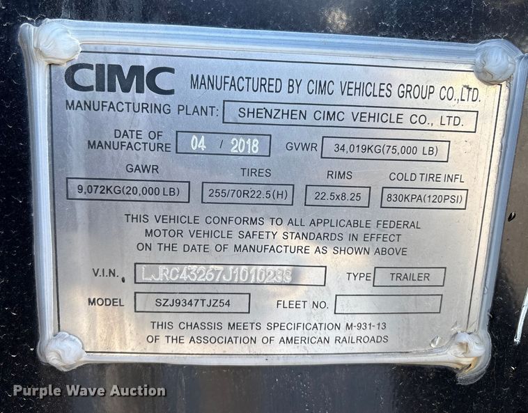 image for item EU8535 2018 CIMC SZJ9347TJZ54 container trailer