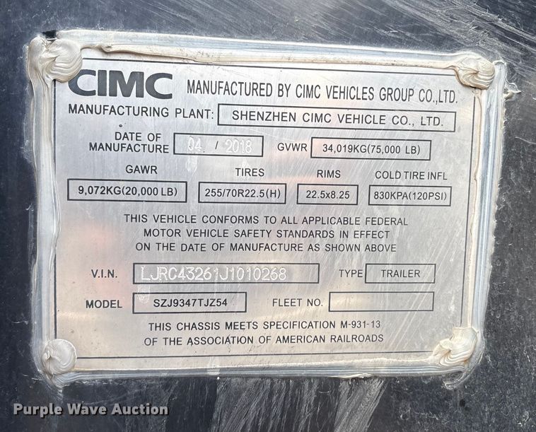 image for item EU8538 2018 CIMC SZJ9347TJZ54 container trailer