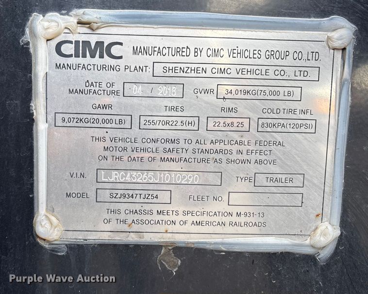 image for item EU8539 2018 CIMC SZJ9347TJZ54 container trailer