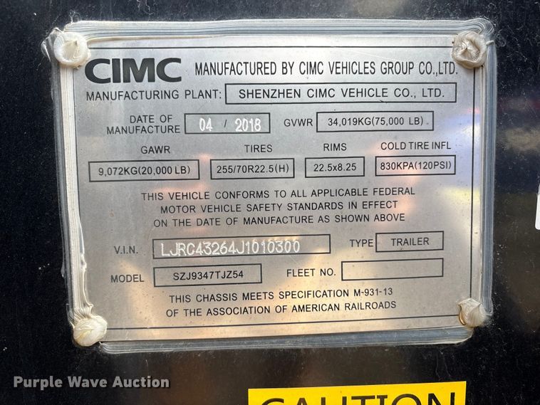 image for item EU8544 2018 CIMC SZJ9347TJZ54 container trailer