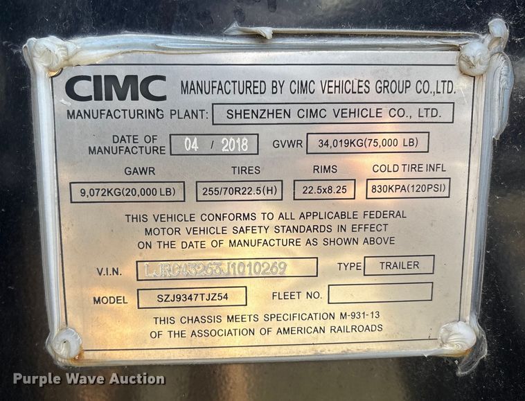 image for item EU8546 2018 CIMC SZJ9347TJZ54 container trailer