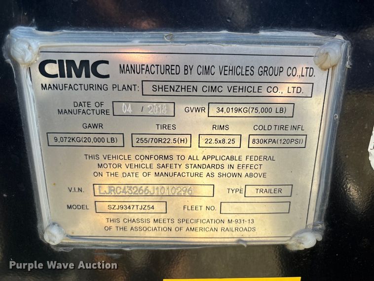 image for item EU8551 2018 CIMC SZJ9347TJZ54 container trailer