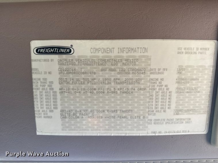 image for item FB0933 2012 Freightliner Coronado semi truck