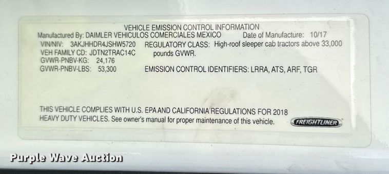 image for item YA2008 2018 Freightliner Cascadia semi truck