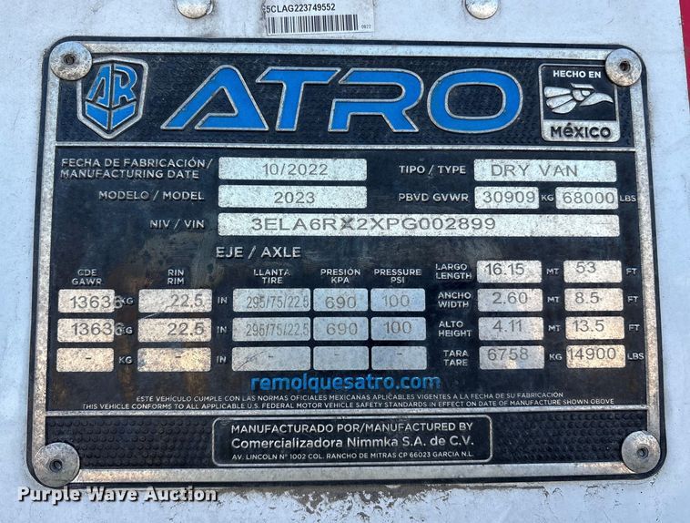 image for item YA2116 2023 Atro dry van trailer