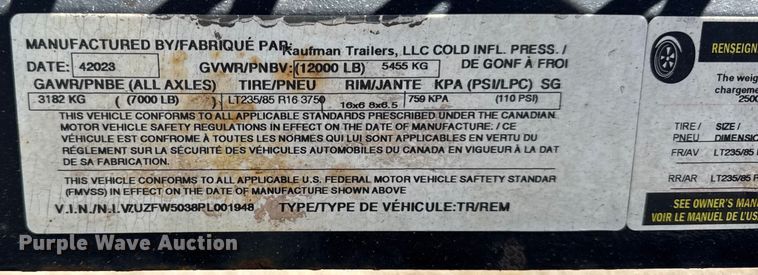 image for item YA2212 2023 Kaufman W50LP car carrier