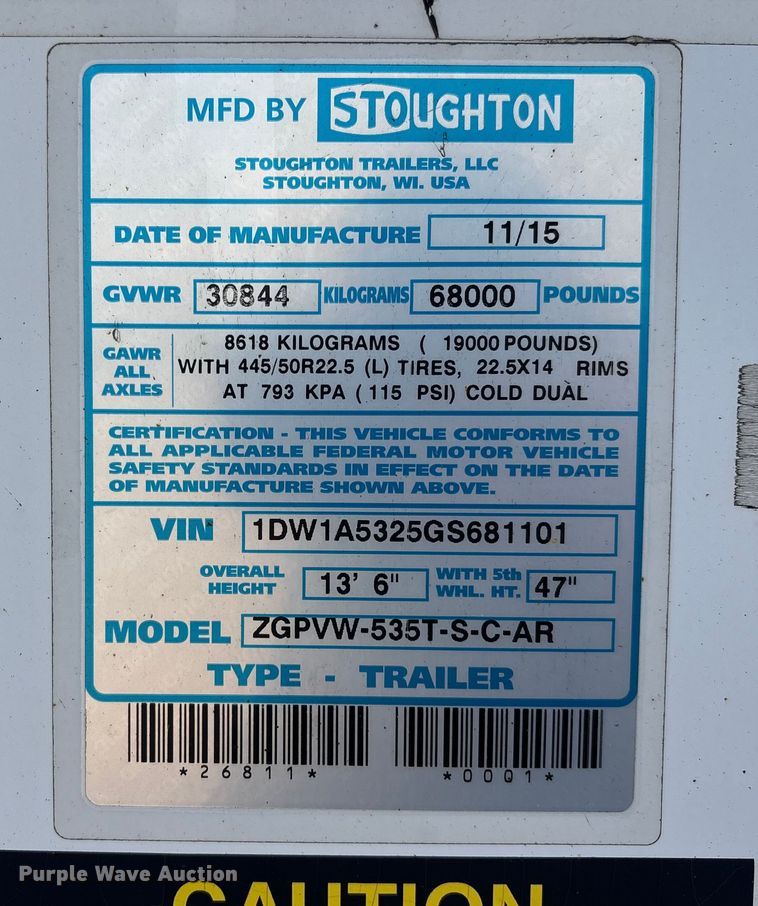 image for item YA2495 2016 Stoughton ZGPVW-535T-S-C-AR dry van trailer