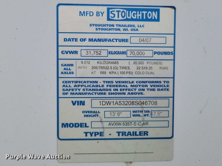 image for item YA2714 2008 Stoughton AVXW-535T-S-C-AR dry van trailer