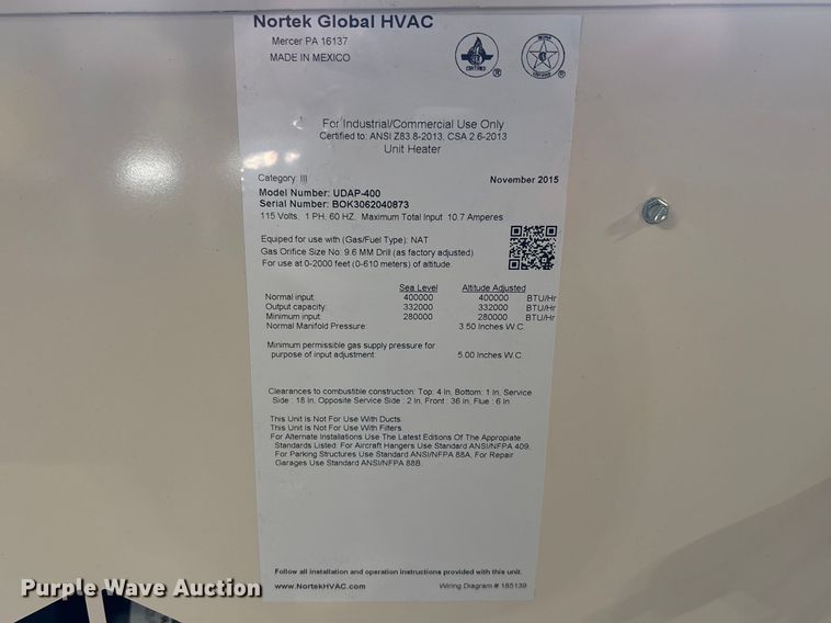 image for item FB5574 2015 Nortec Global HVAC Renzor UDAP-400 heater