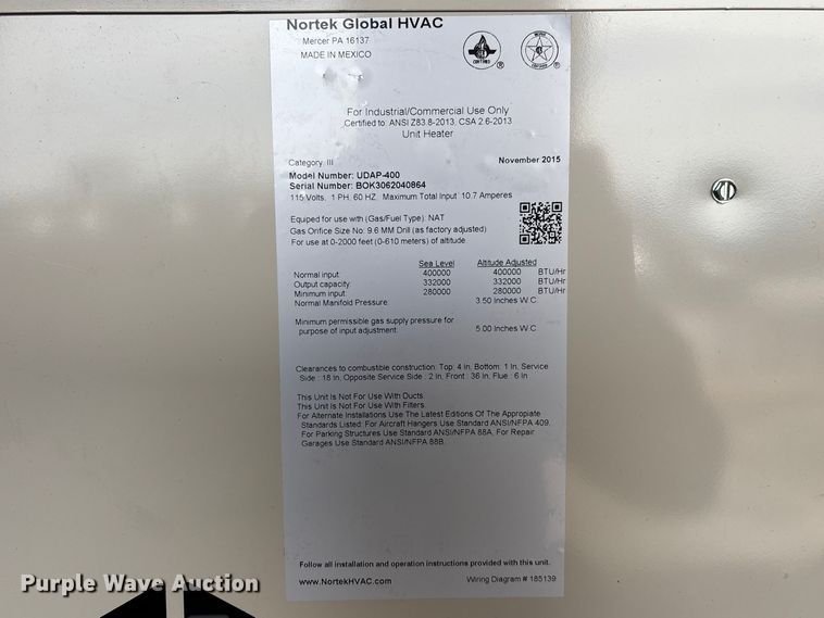 image for item FB5575 2015 Nortec Global HVAC Renzor UDAP-400 heater