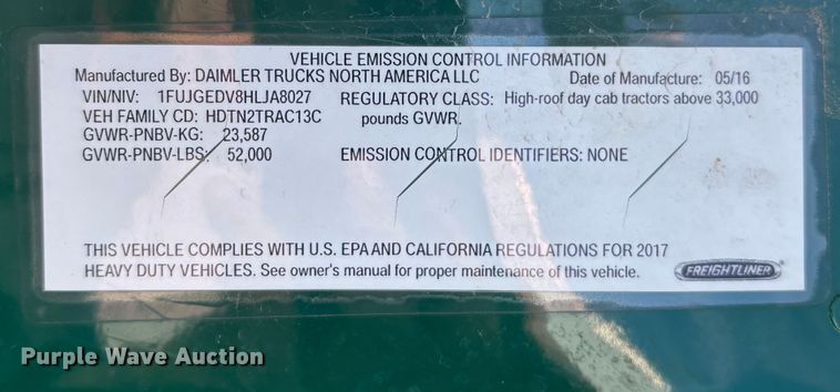 image for item FG1007 2017 Freightliner Cascadia 125 semi truck