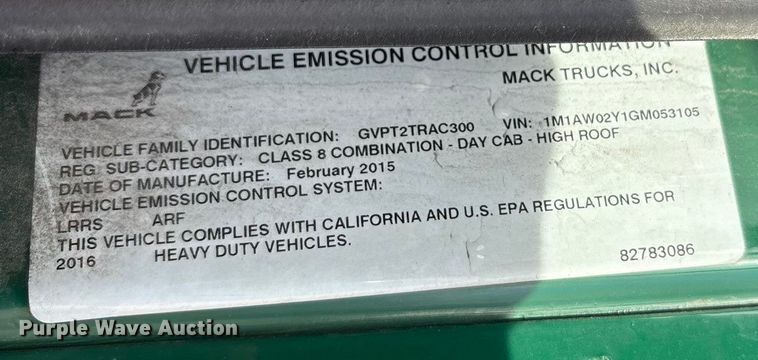 image for item FG1008 2016 Mack CXU613 semi truck