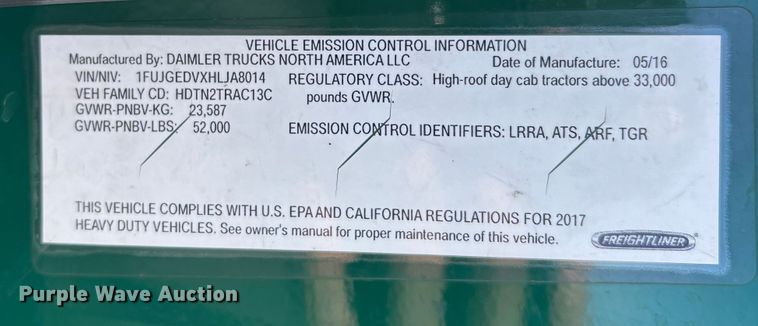 image for item FG1009 2017 Freightliner Cascadia 125 semi truck