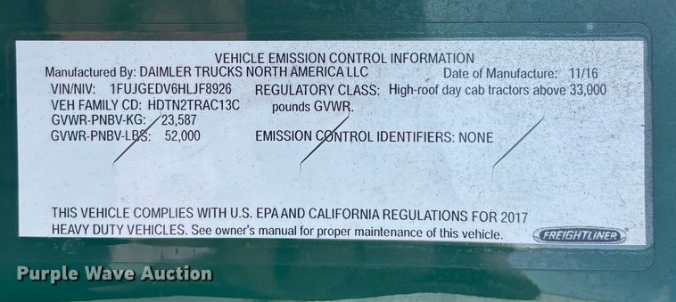 image for item FG1011 2017 Freightliner Cascadia 125 semi truck