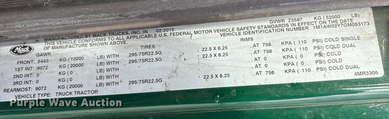 image for item FG1012 2016 Mack CXU613 semi truck