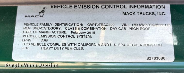 image for item FG1014 2016 Mack CXU613 semi truck