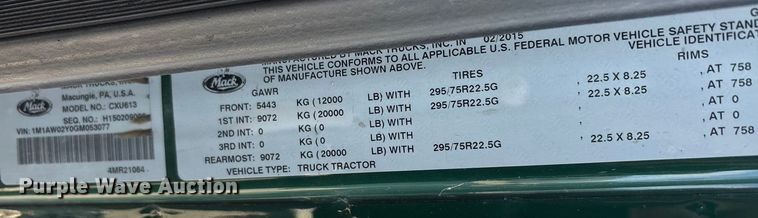 image for item FG1019 2016 Mack CXU613 semi truck