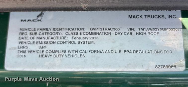 image for item FG1019 2016 Mack CXU613 semi truck