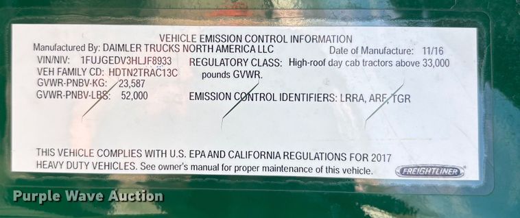 image for item FG1020 2017 Freightliner Cascadia 125 semi truck