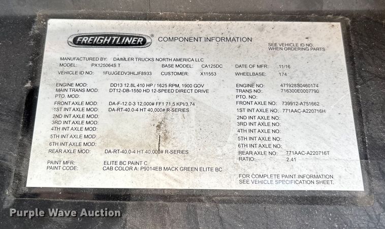 image for item FG1020 2017 Freightliner Cascadia 125 semi truck