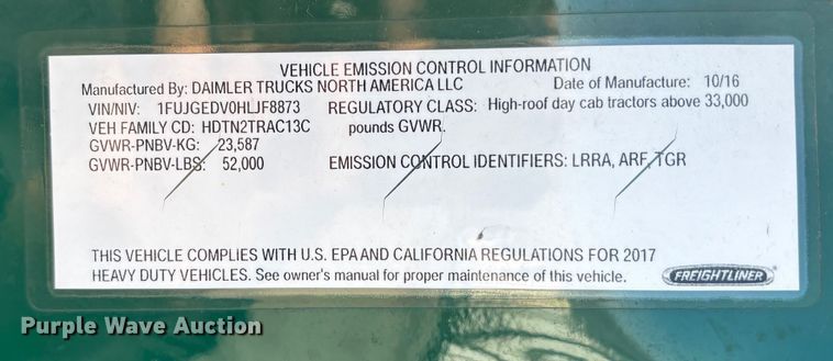 image for item FG1022 2017 Freightliner Cascadia 125 semi truck